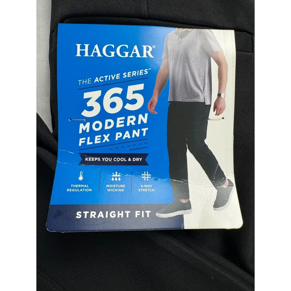 Haggar Mens 365 Modern Flex Pant Black Straight‎ Fit 42W X 30L Gabardine